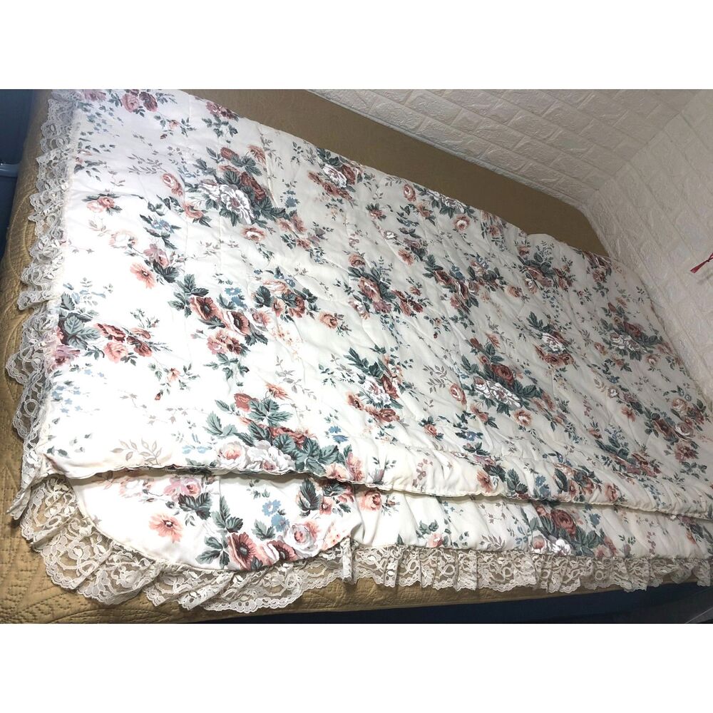 Vtg Springs Industries Floral Full Comforter 2 Shams Shabby Cottagecore Lace USA